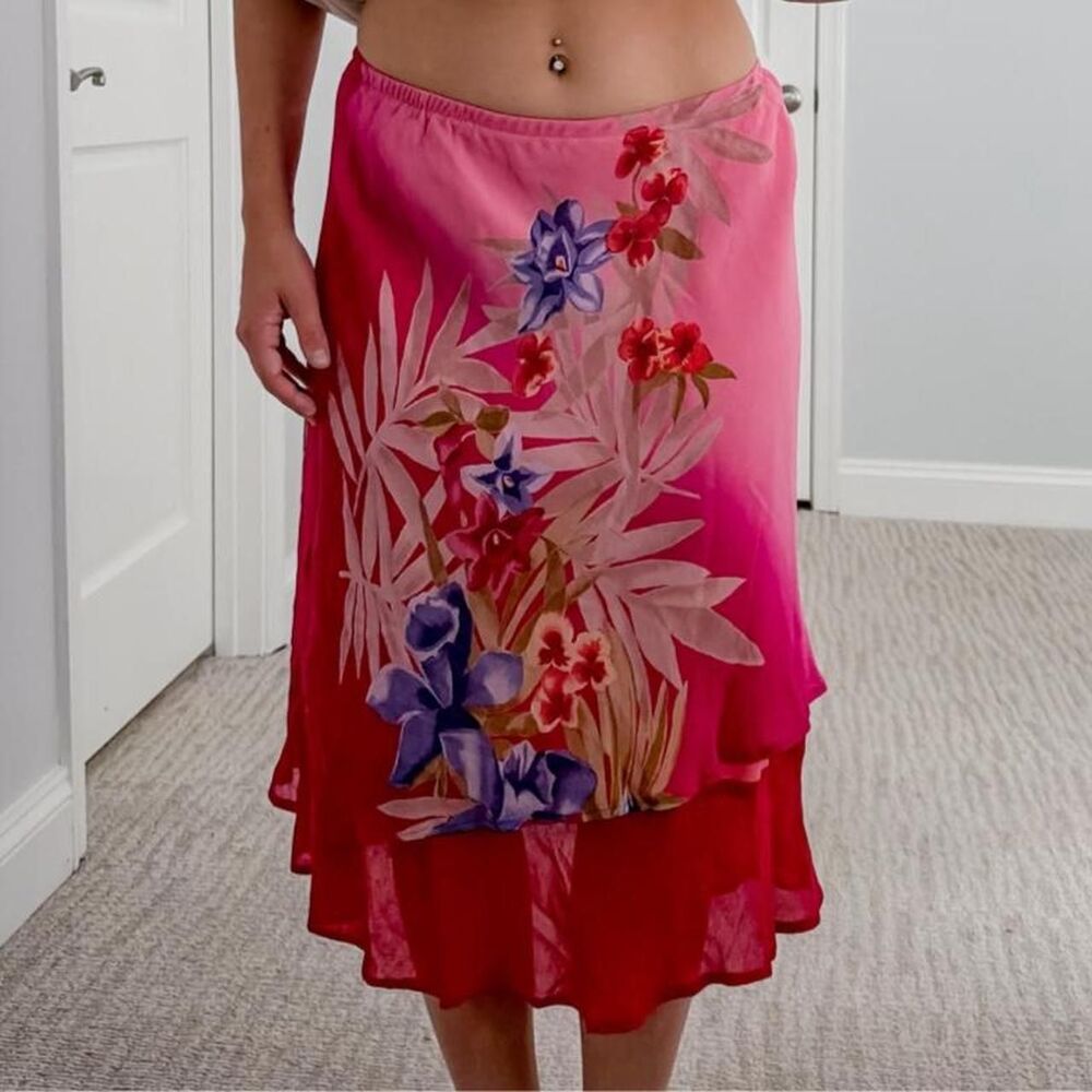 Low rise pink floral fairy skirt midi with bluebell flowers and ruffles